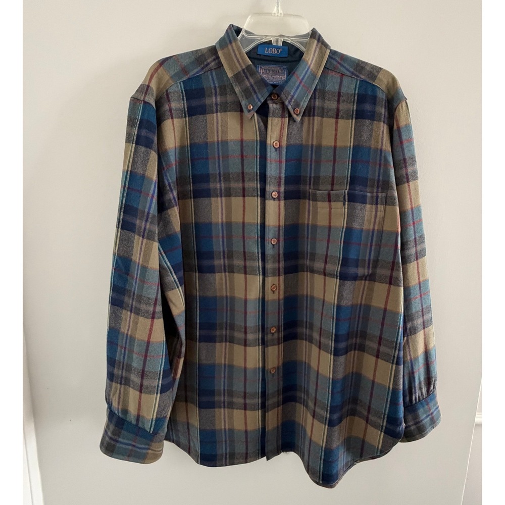 Pendleton Lobo Mens XL Wool Plaid Flannel Button Down Shirt Blue Tan Made in USA